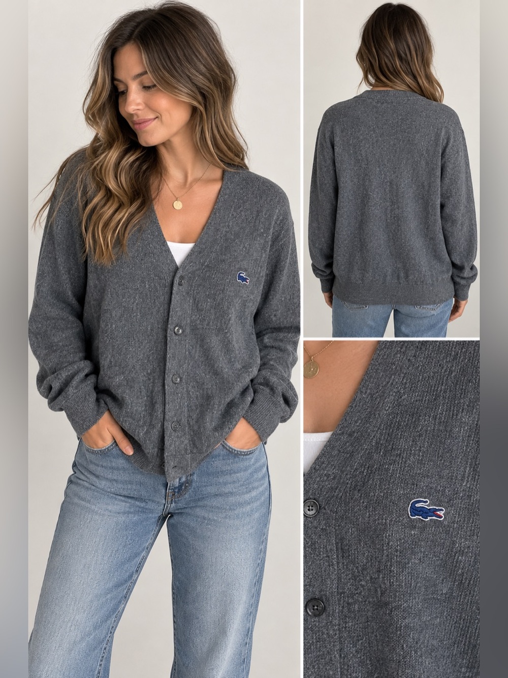 Izod Lacoste Vintage Gray Cardigan Size Large